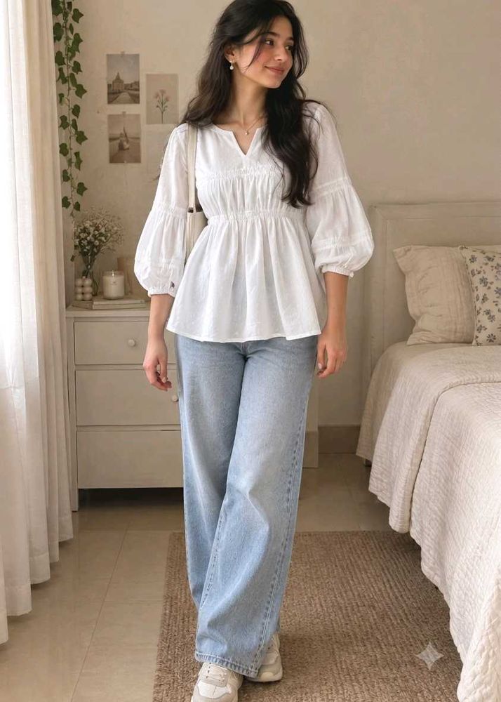 Chic White Peplum Top with Balloon Sleeves