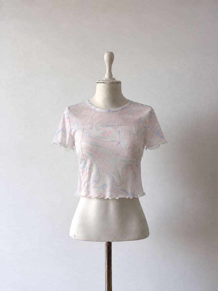 Sheer Marble Print Mesh Top