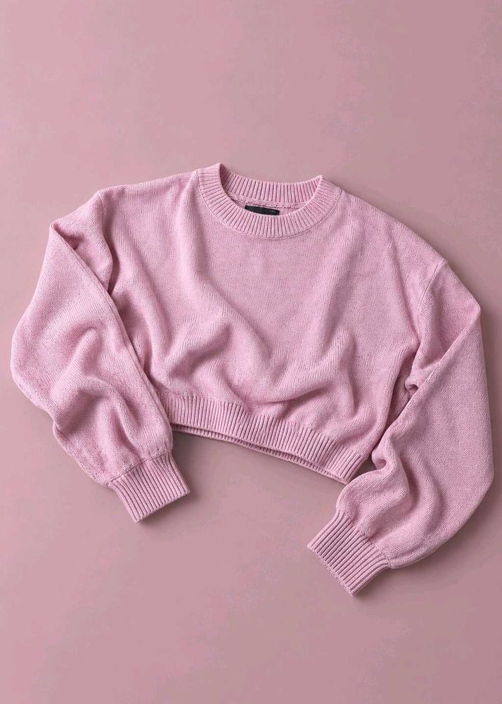 SOFT PINK CROPPED CREW NECK KNIT SWEATER