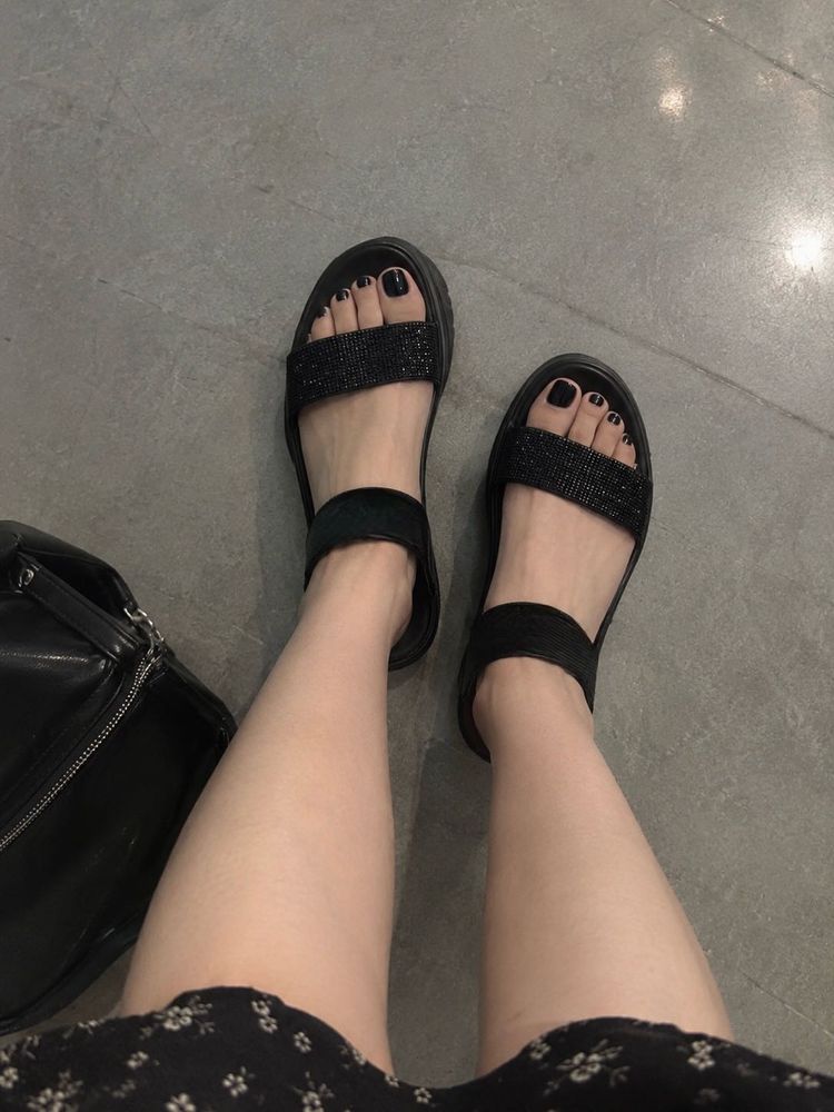 Black Wedge Sandals with Rhinestone Strap