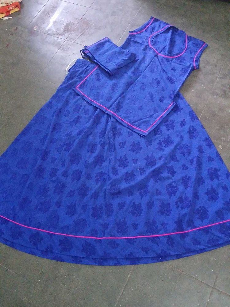 Blue Kurta Set with Pink Trim