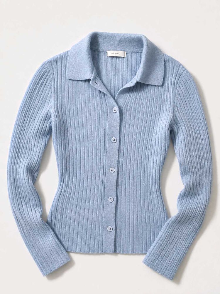 Light Blue Ribbed Knit Button-Up