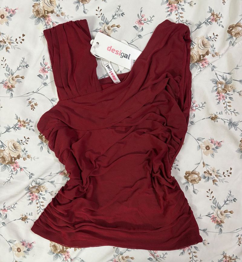 Maroon Ruched One-Shoulder Top