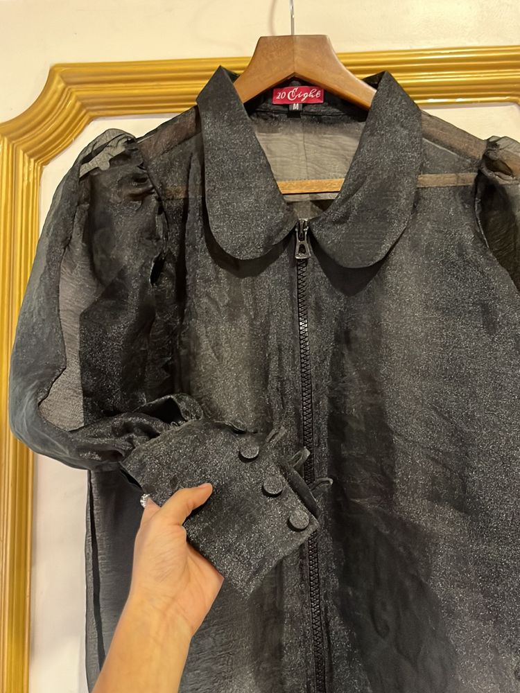 Sheer Black Puff Sleeve Blouse