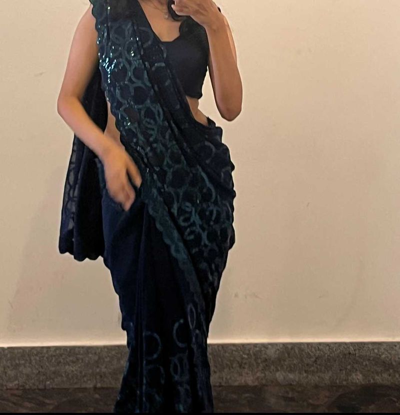 Sequin Embellished Navy Blue Saree