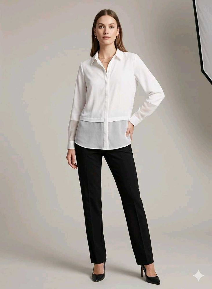 Chic White Sheer Panel Button-Up Shirt