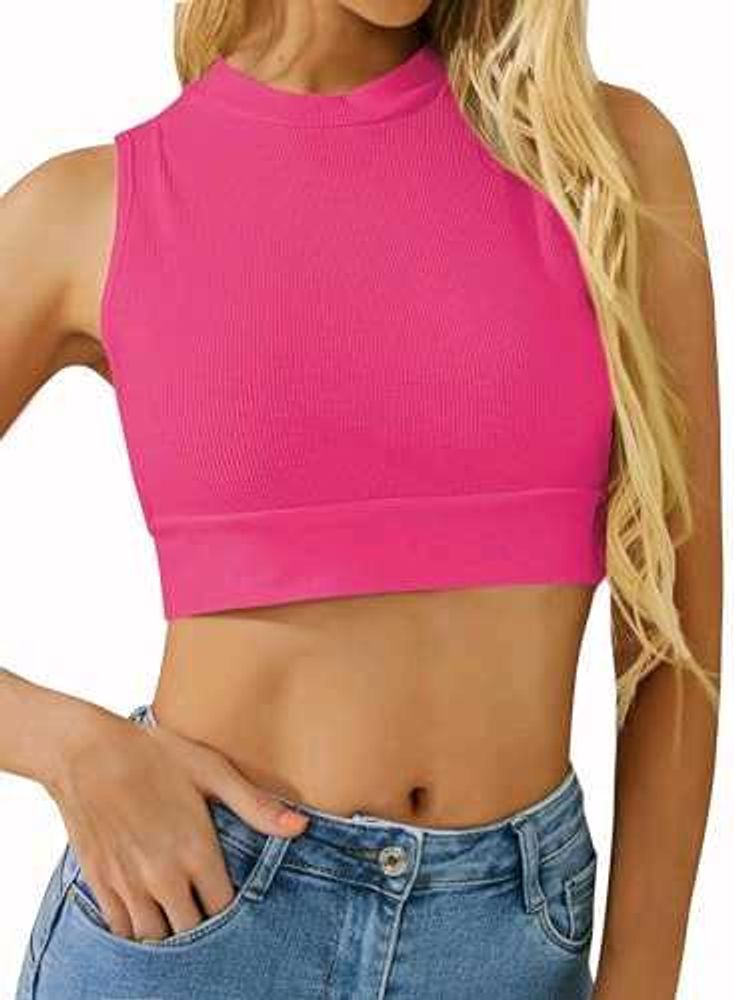 Vibrant Pink Ribbed Mock Neck Crop Top