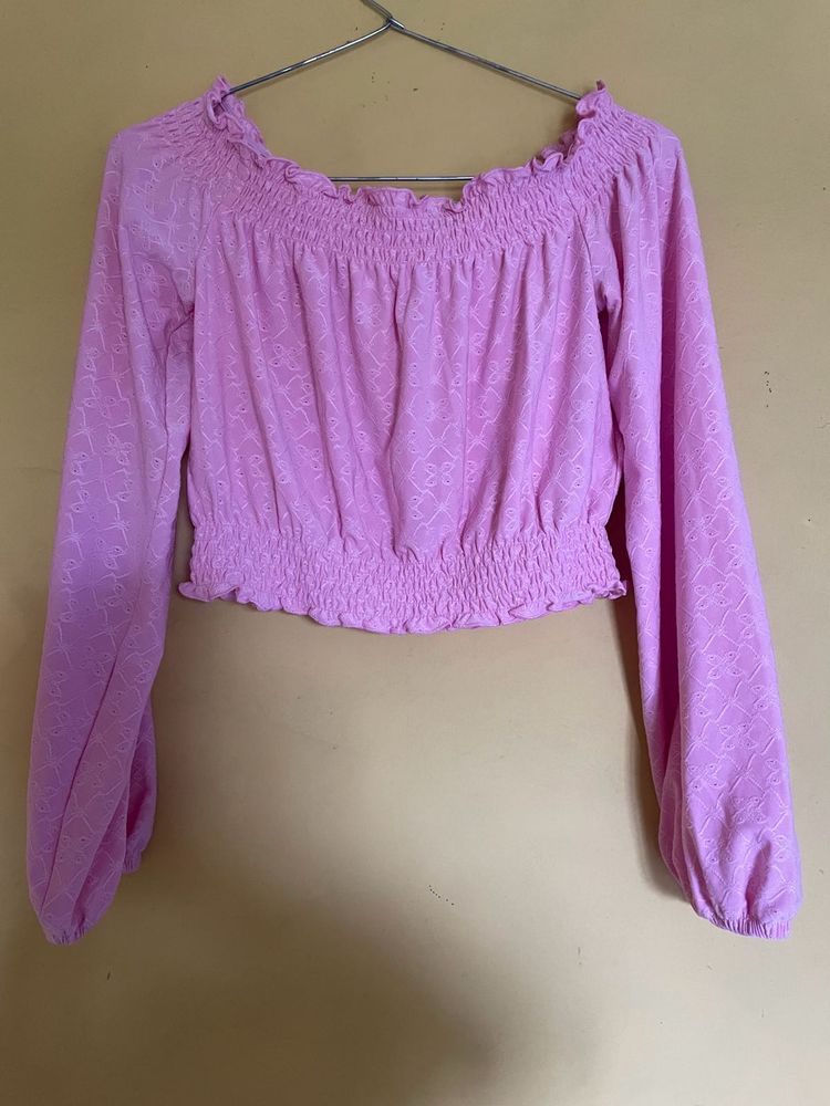 H&amp;MPink Smocked Off-Shoulder Crop Top