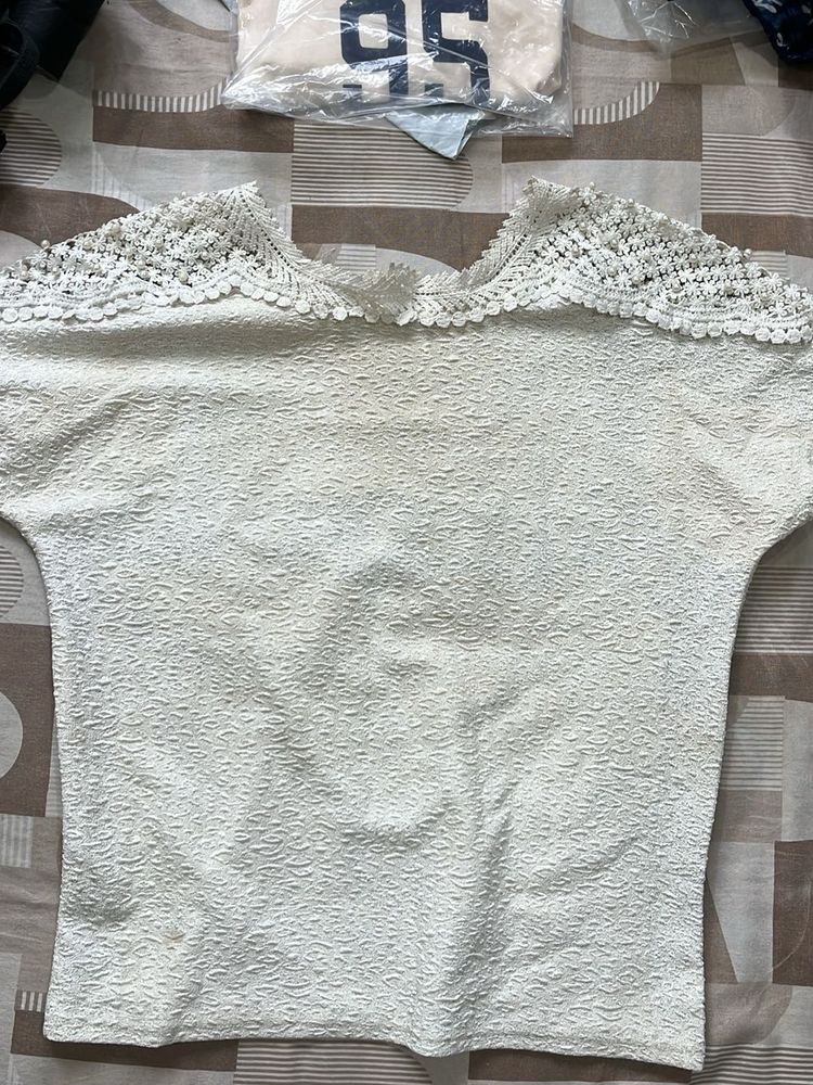 Cream Lace Trim Textured Top