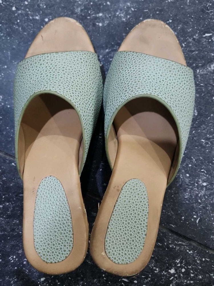 Light Green Textured Slip-On Sandals