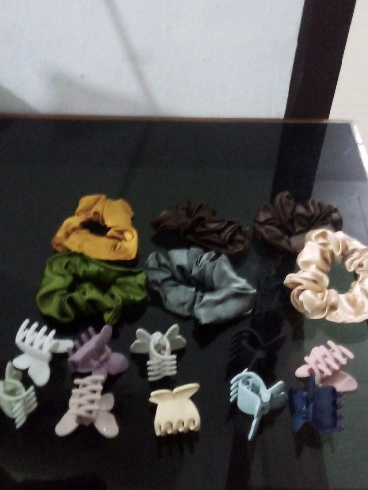 Combo Of Silk Scrunchies And Small Banana Clips
