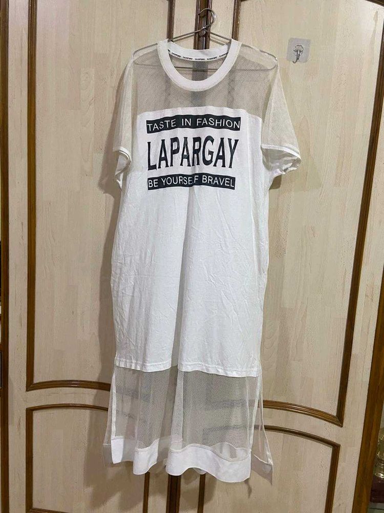 White Sheer Overlay T-Shirt Dress
