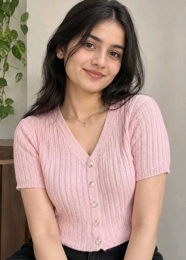 Pink Ribbed Cropped Cardigan