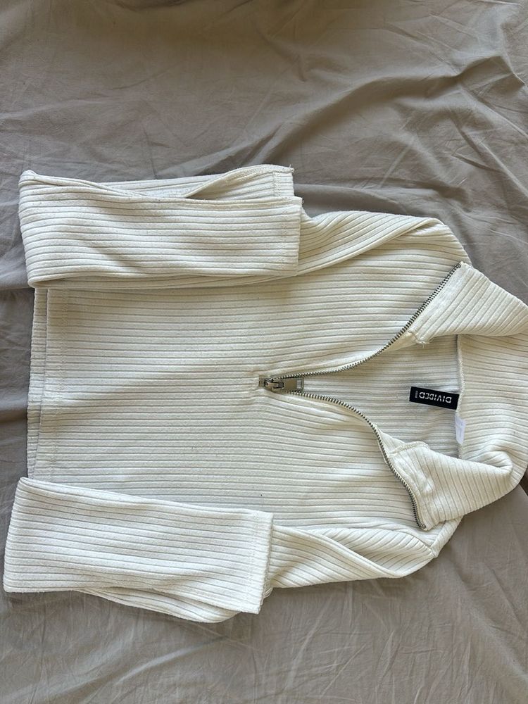 Cream Ribbed Half-Zip Top