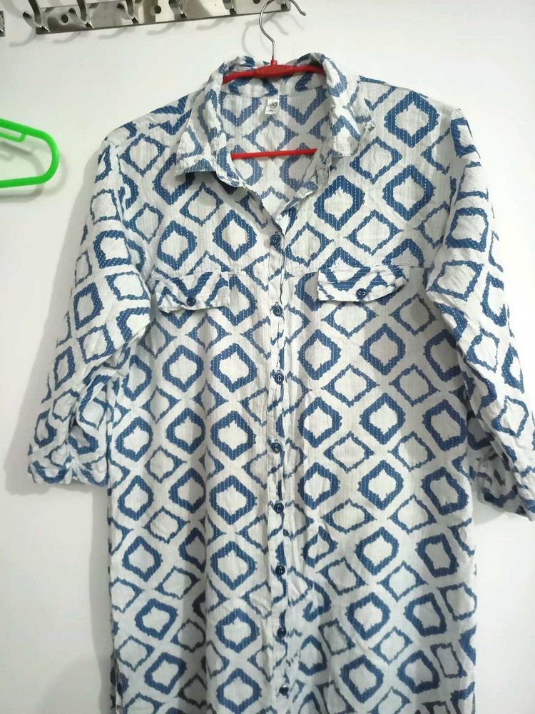 Blue &amp; White Geometric Print kurta