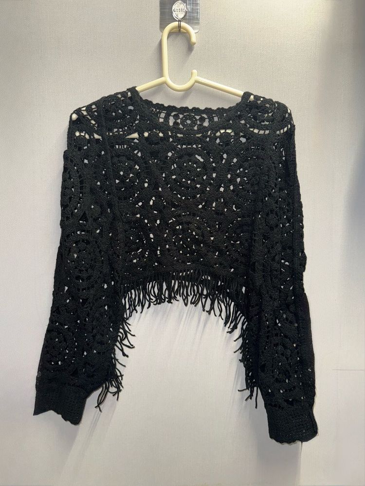 Black Crochet Fringe Poncho Top