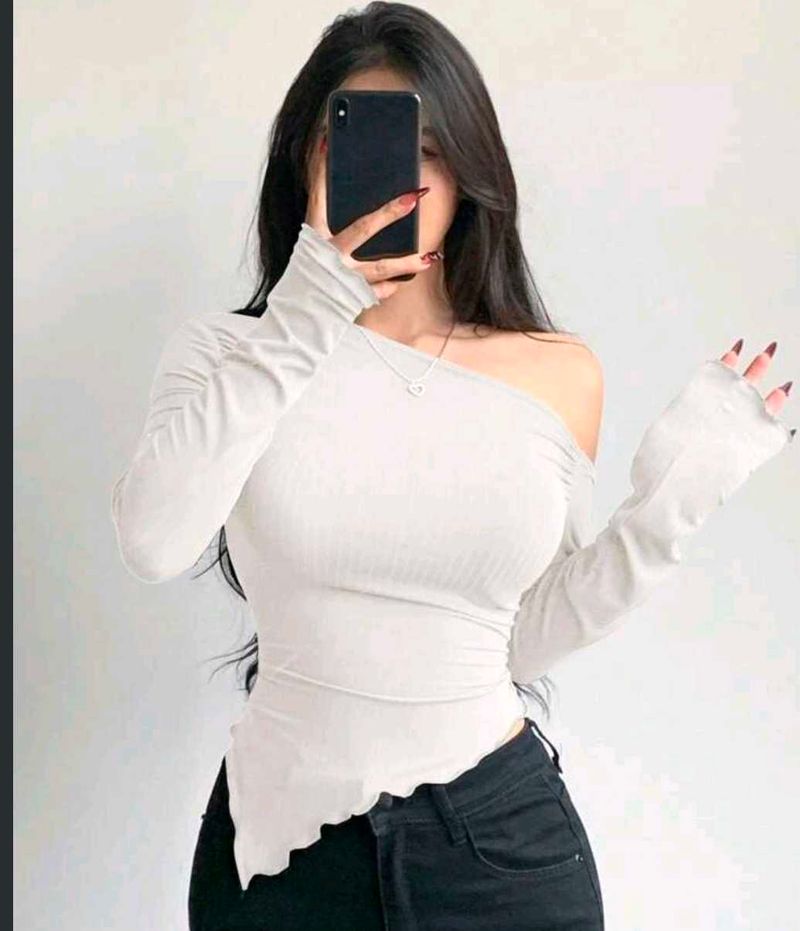 Chic One-Shoulder Long Sleeve Top , trendy