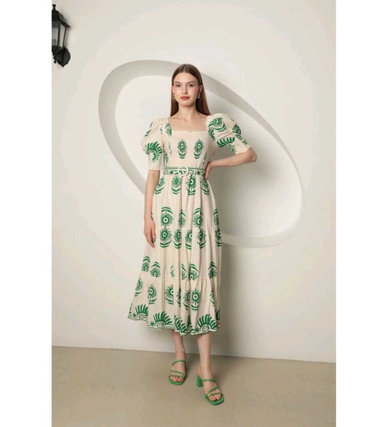 Elegant Beige Green Print Midi Dress