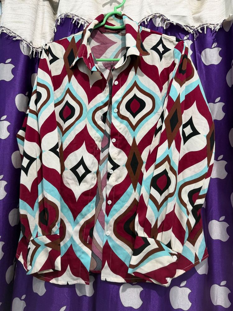 Retro Print Button-Up Shirt
