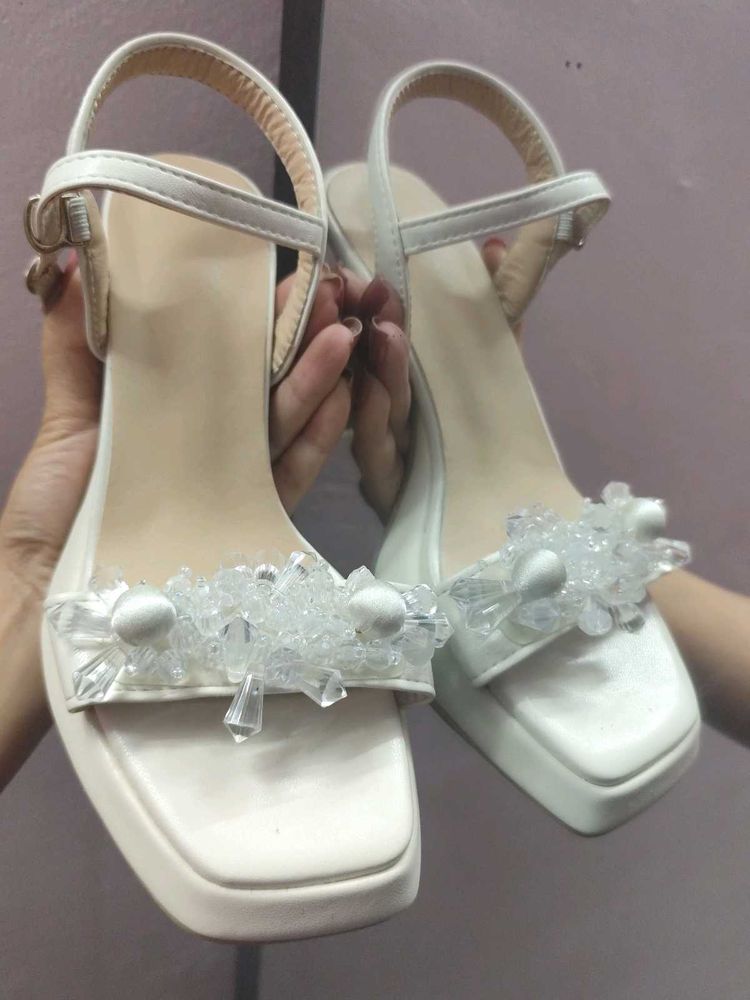 Elegant White Beaded Platform Heels