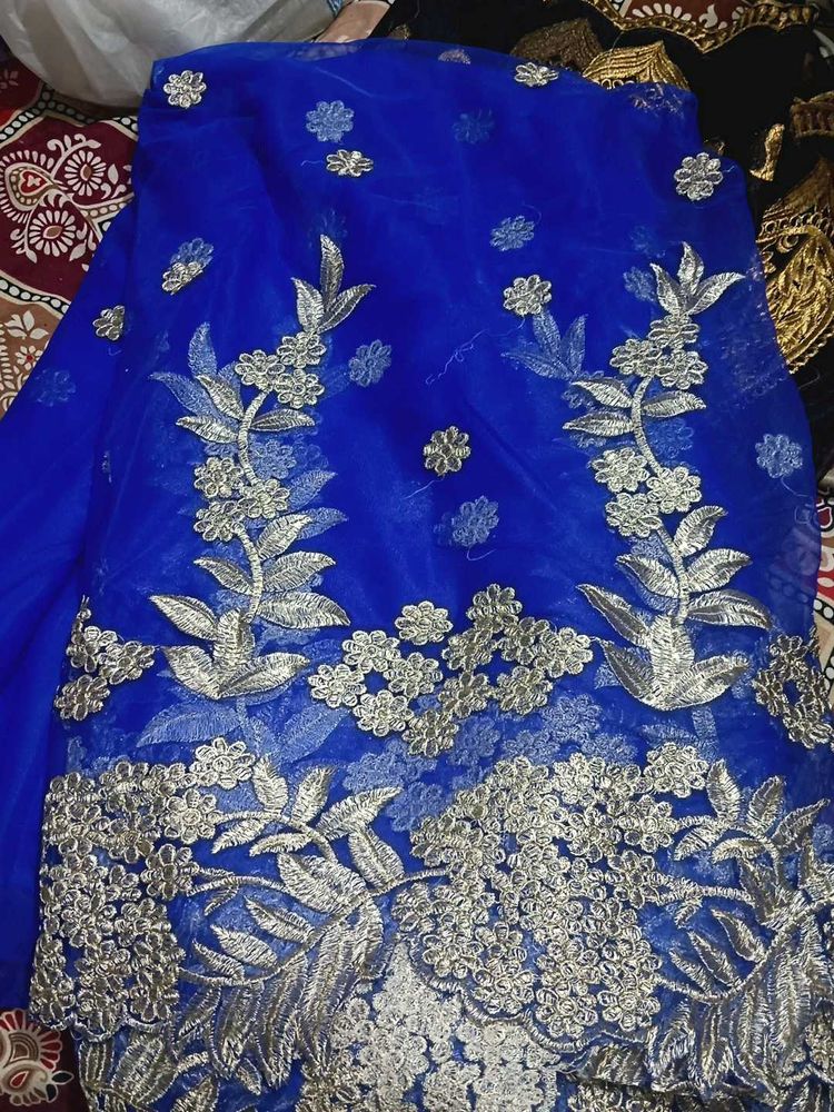Royal Blue Embroidered gown/saree  Material