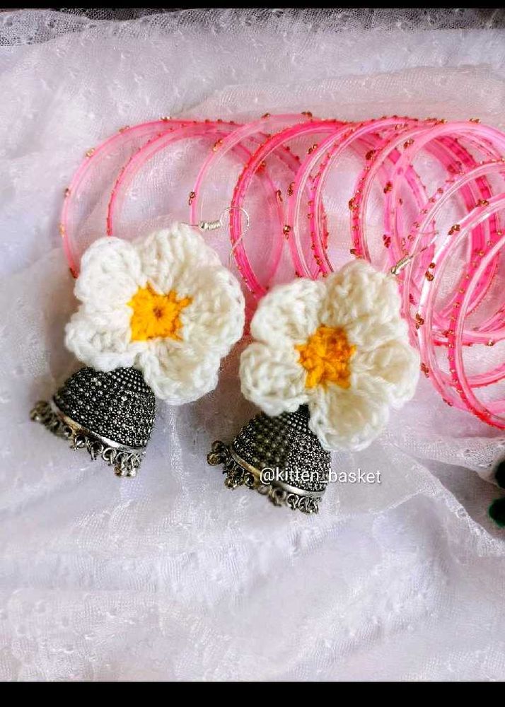 Handmade Crochet Flower Jhumka Earrings