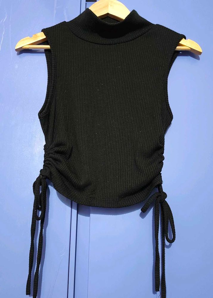Sleek Black Mock Neck Ruched Top