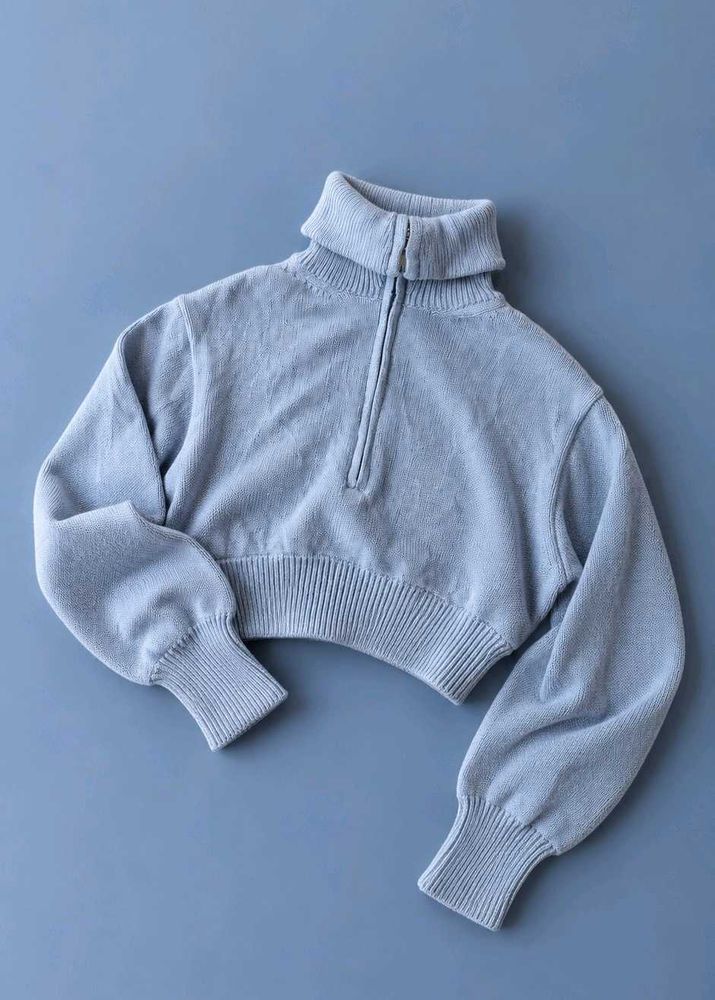 POWDER BLUE HALF-ZIP MOCK NECK SWEATER