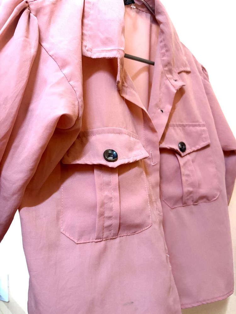 Pink Puff Sleeve Button-Up Top