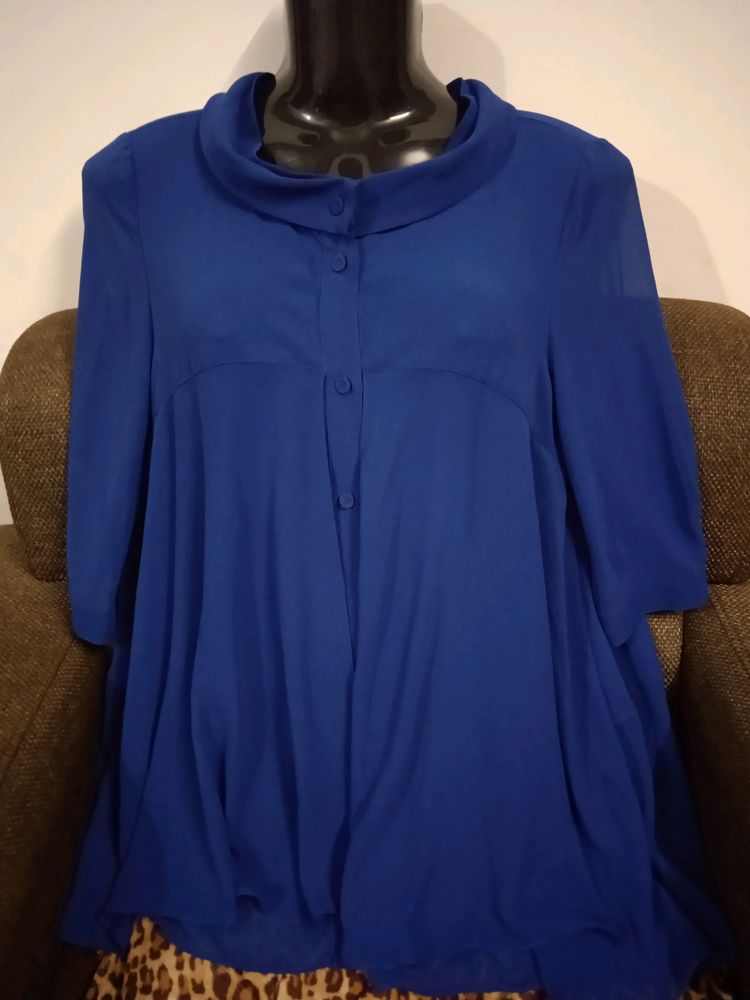 Vibrant Blue Blouse with Cowl Neck