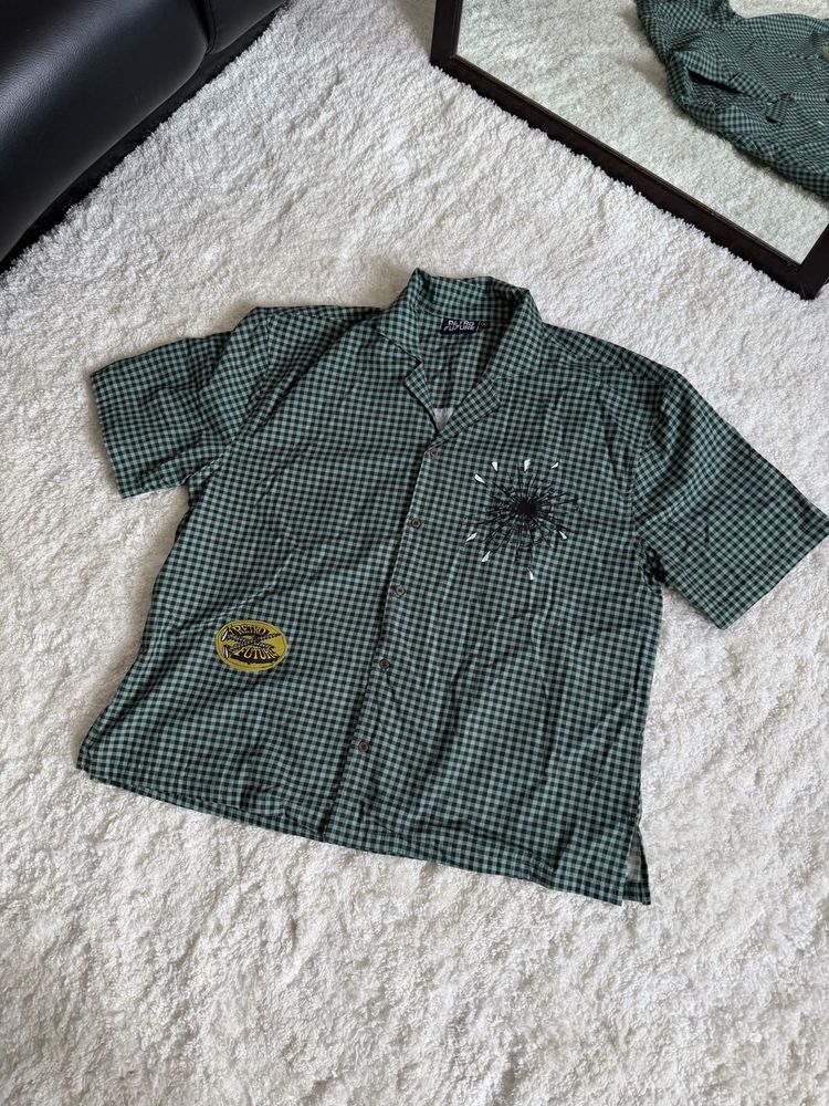 Green Checkered Short Sleeve Button-Up Shirt