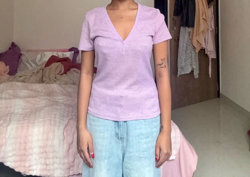 Lilac Ribbed V-Neck Top