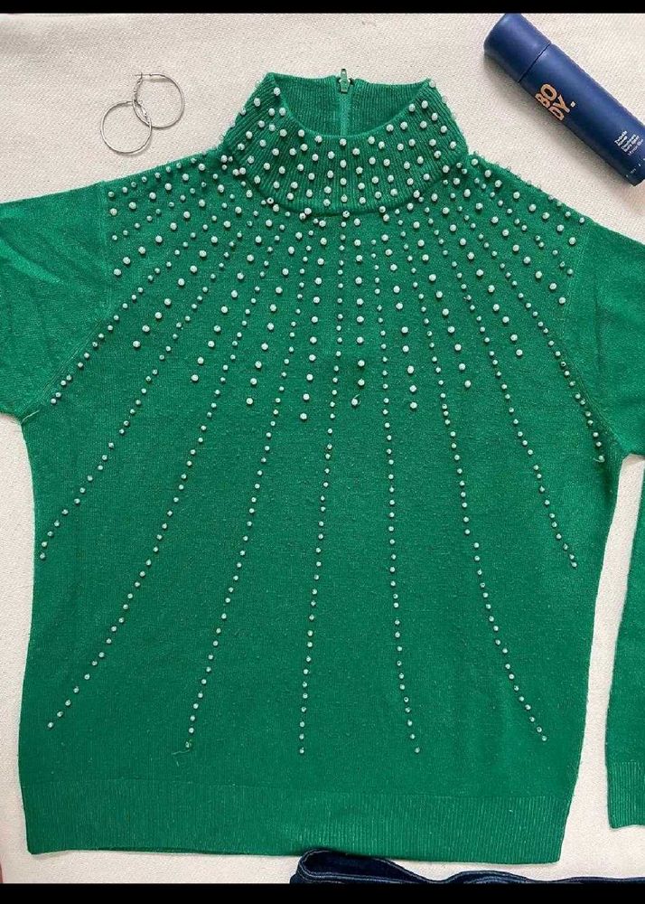 Green Beaded Turtleneck Sweater