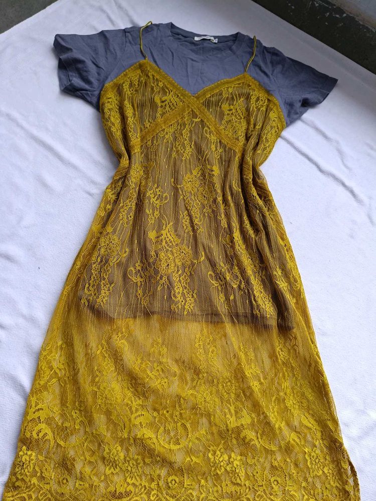 Yellow Lace Slip Dress with Grey Tee