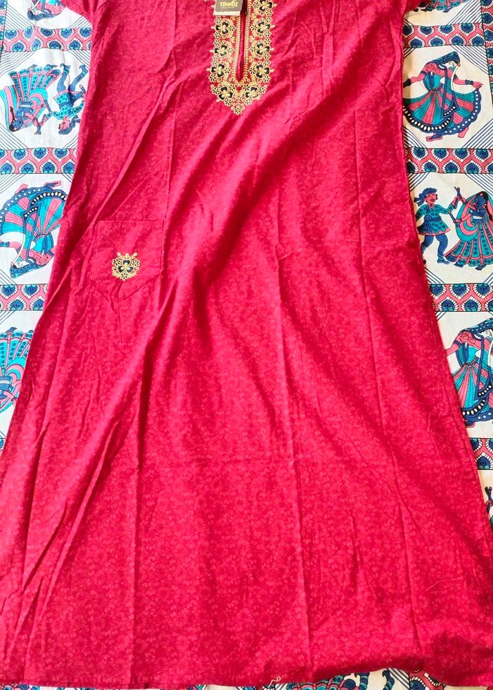 Elegant Red Kurta with Embellished Neckline