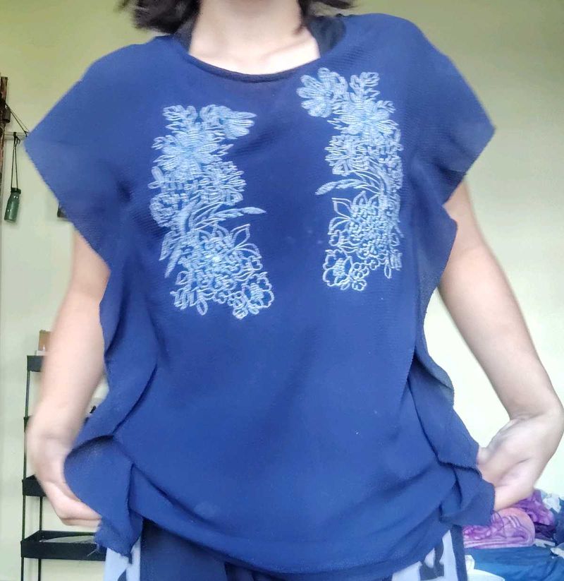 Flowy Blue Top with Floral Print