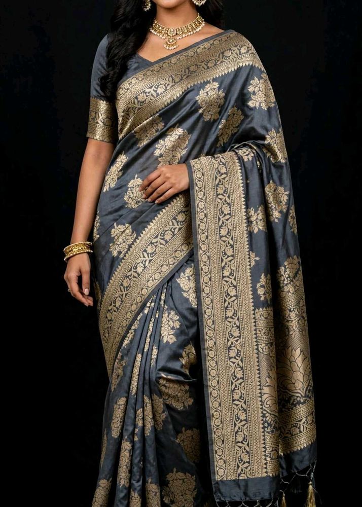Elegant Grey Silk Saree with Gold Border