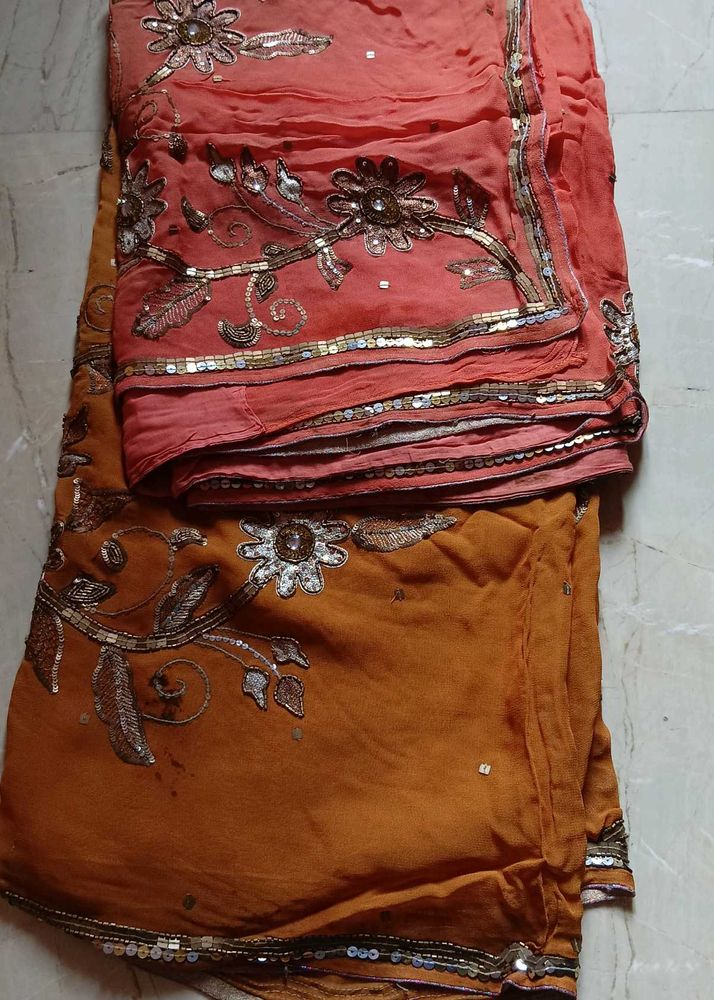 Embellished Saree - Coral &amp; Mustard