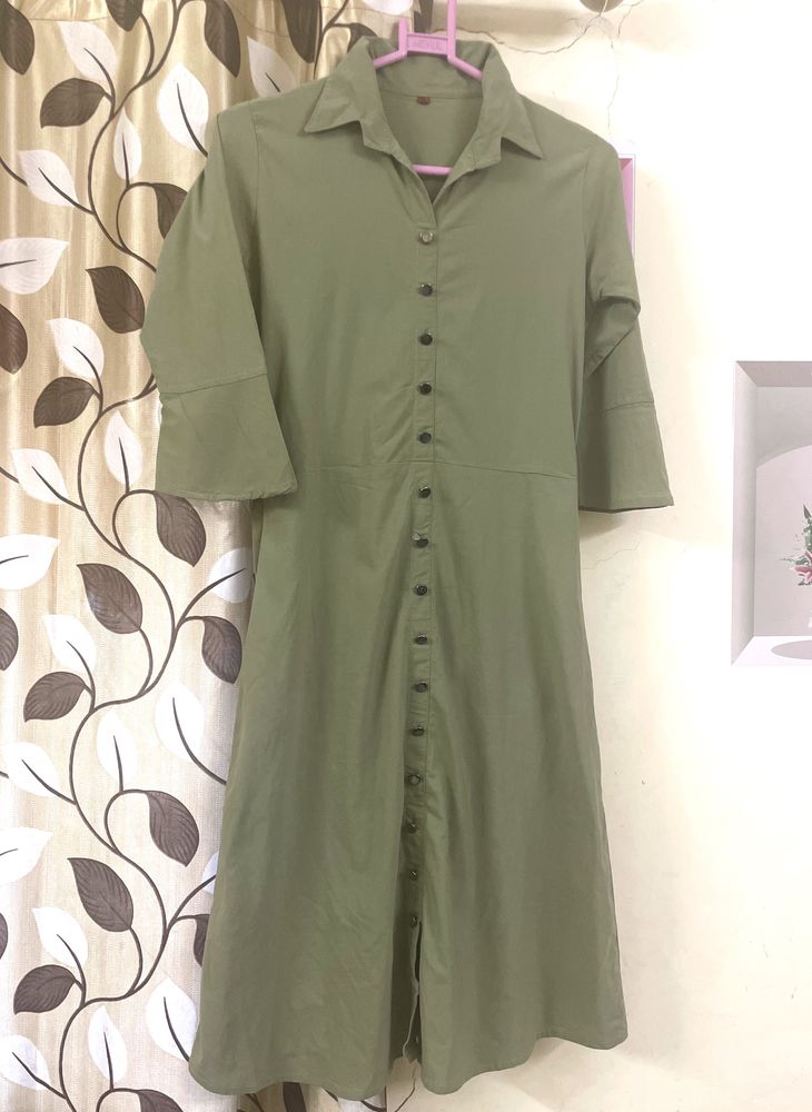 Stylish Button Dress With Front Slit Cut