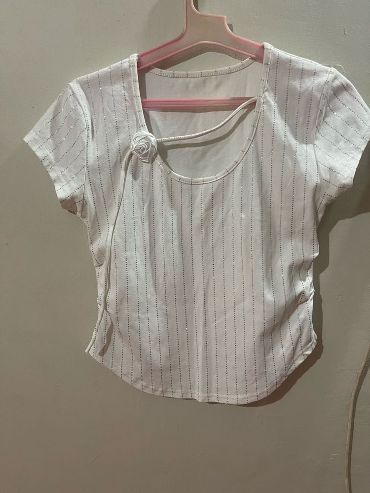 Chic White Striped Crop Top with Rose Detail