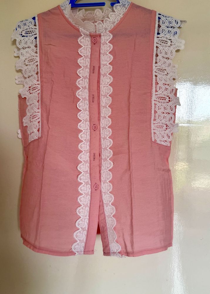 Charming Pink Lace Trim Sleeveless Top