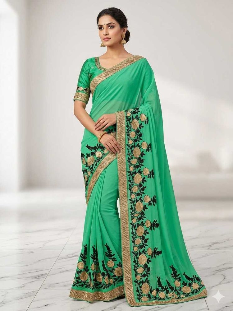 Elegant Green Embroidered Saree