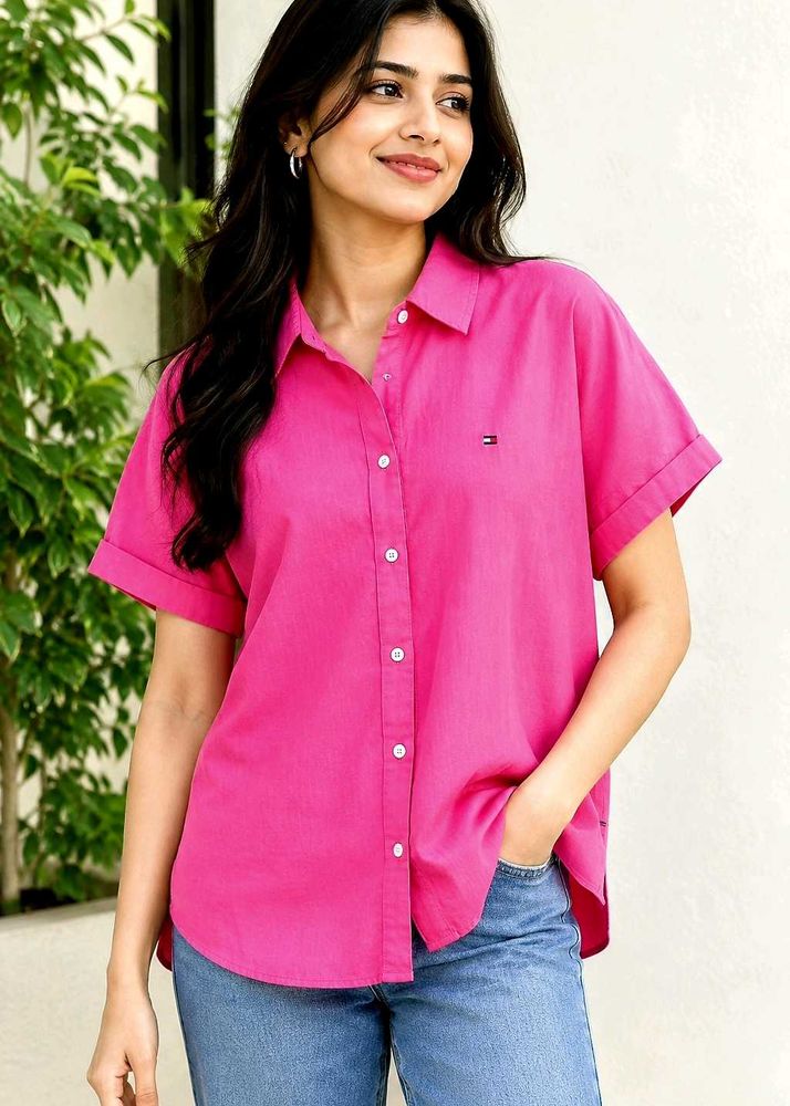 Vibrant Pink Short Sleeve Button-Up Shirt size-46