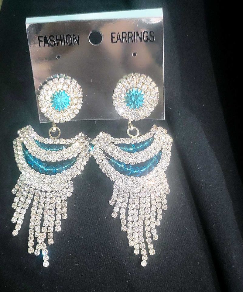 Silver Blue Stone Tassel Earings