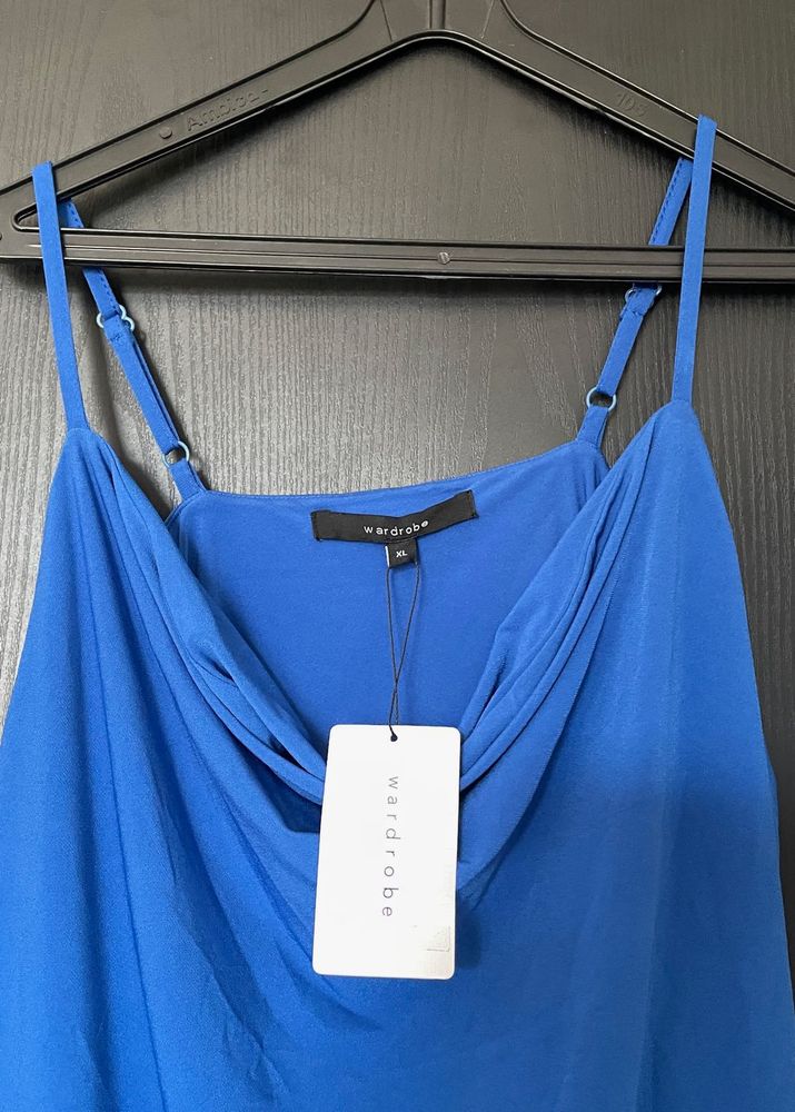 Blue Cowl Neck Spaghetti Strap Top
