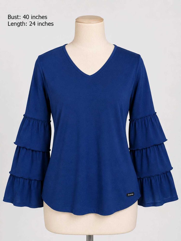 Blue Ruffle Sleeve V-Neck Top