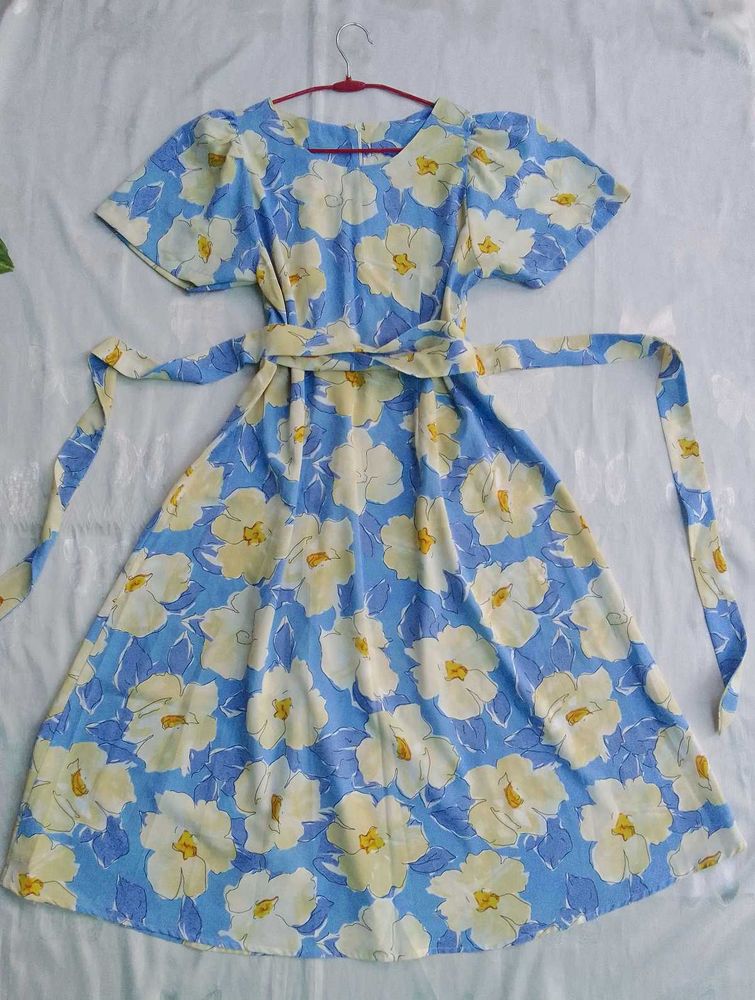 Blue Floral Print Midi Dress