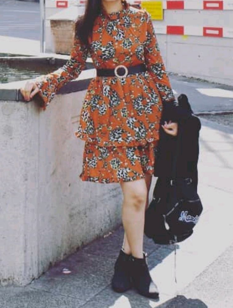 Printed Layered Sleeve Details Short Dress