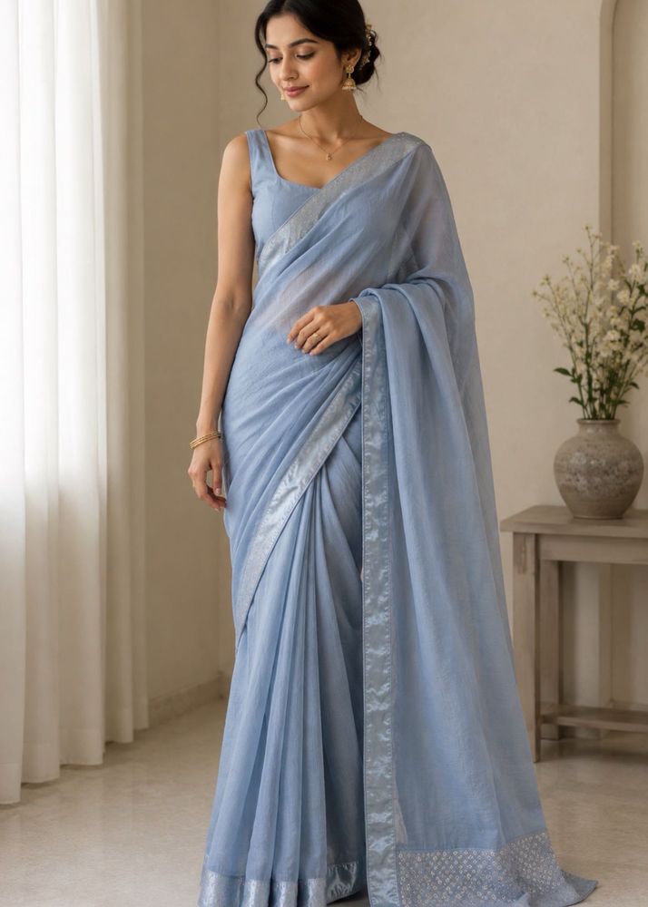Brand new Sky Blue Cotton Saree with blous