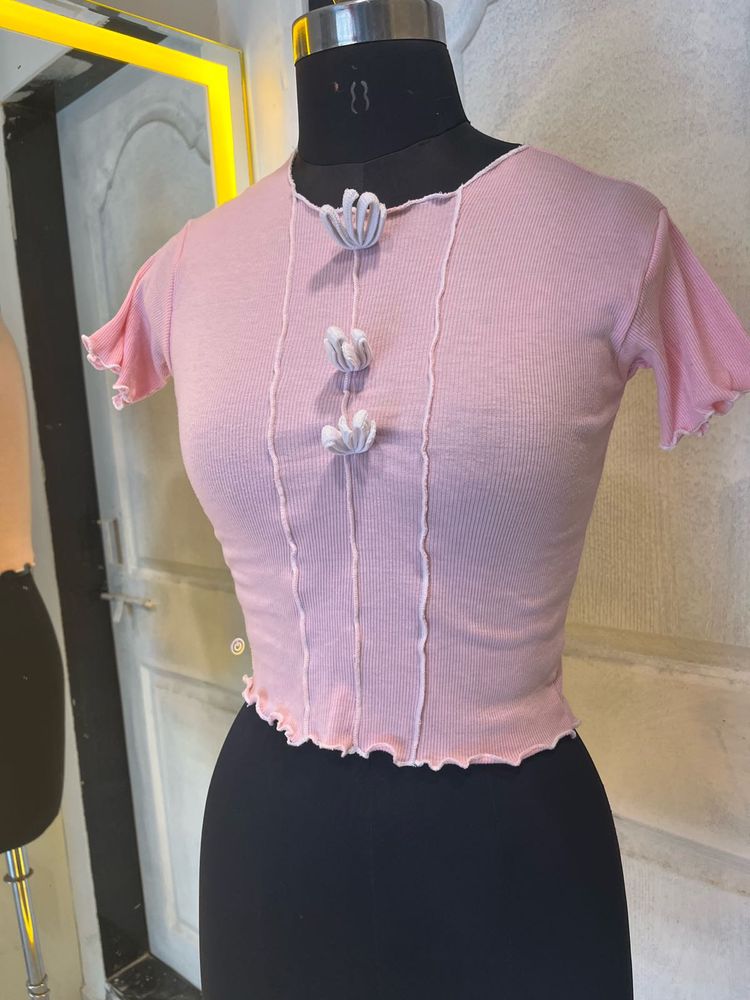 Cute Pink Ribbed Cropped Top